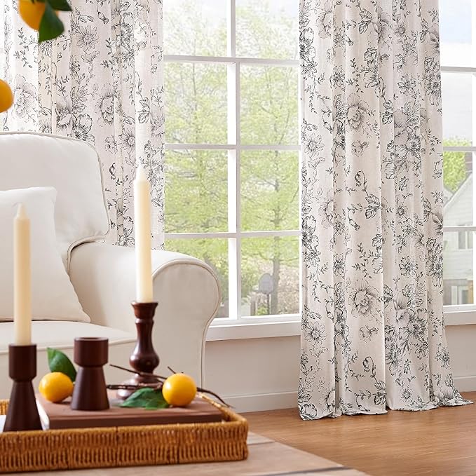 jinchan Black Floral Linen Curtains 90 Inch Vintage Back Tab 2 Panels | Light - Image 7