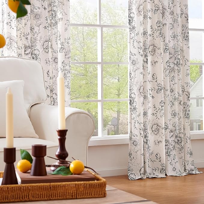 jinchan Black Floral Linen Curtains 63 Inch Vintage Back Tab 2 Panels | Light - Image 7