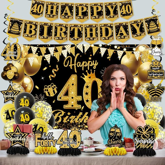 Mxdfafa 39Pcs Black Gold Glitter 40th Birthday Decorations Kit, 40th Bday Party - Image 3