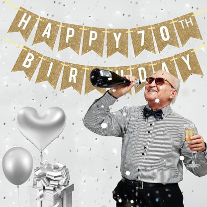 Netnology Pre-Strung Gold Glitter 70th Happy Birthday Banner Decorations | 12 - Image 6