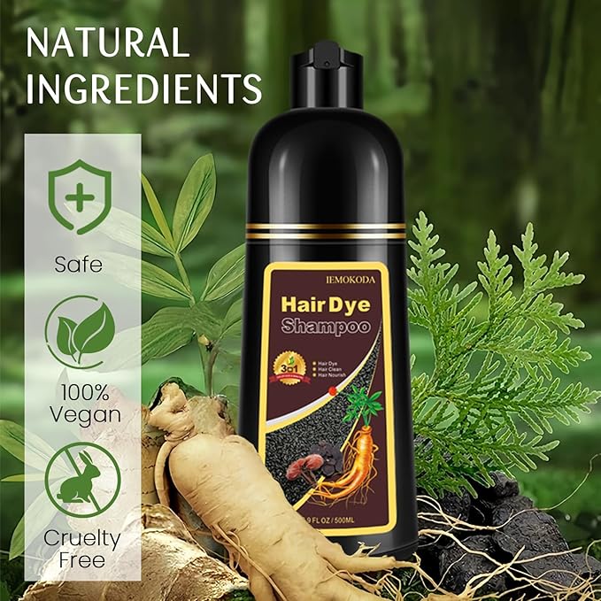 Black Hair Dye Shampoo 3 in 1, Natural Instant Hair Color Shampoo for Women Men 100% Gray Hair Coverage Champu Para Canas Mujer, Lasting 3-4 Weeks & Easy to Use & All Hair Types & Root Touch Up, 500ml