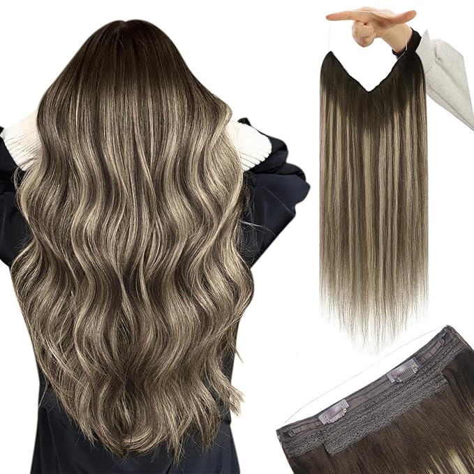 YoungSee Wire Hair Extensions Real Human Hair Balayage Brown Wire Extensions with Adjustable Clips Ombre Dark Brown with Ash Blonde Straight Human Hair Fish Line Extensions 16Inch 80G
