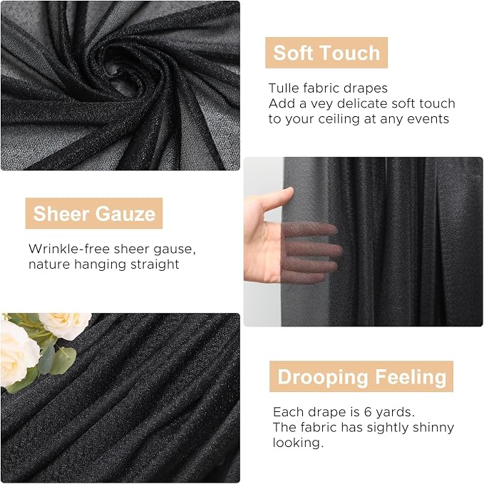 Black Wedding Arch Draping Fabric Backdrop Drapes Sheer 3 Panels | 28.7"x20FT - Image 2