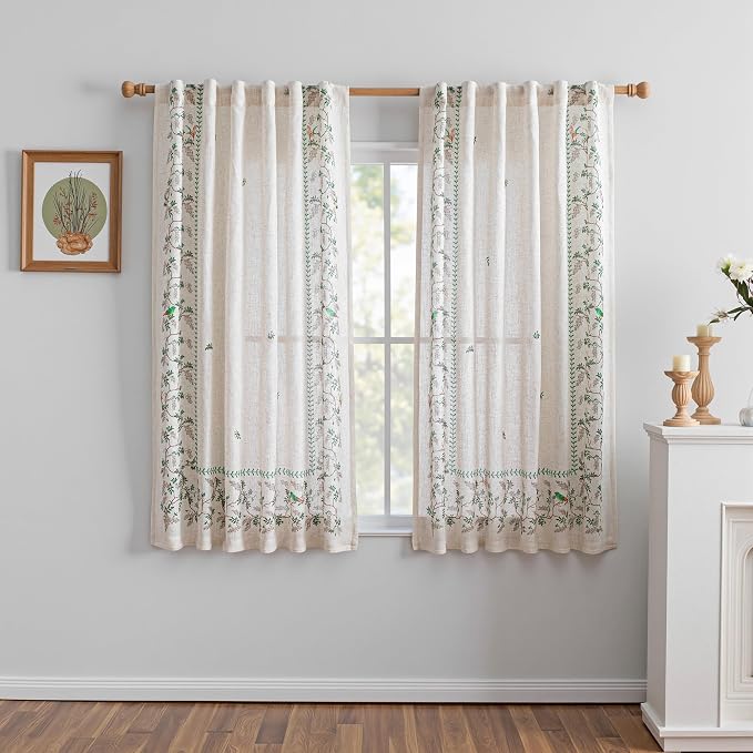 MYSKY HOME Boho Curtains for Living Room Linen Blend Leaf Bird Printed Curtains by MYSKYHOME
