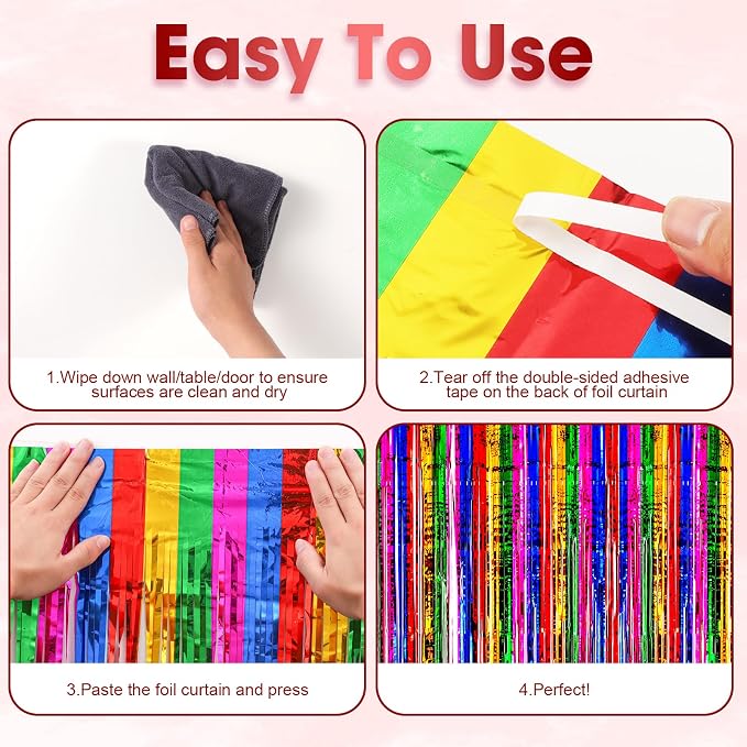 Voircoloria Rainbow Foil Fringe Backdrop Curtains, 3 Pack | Tinsel Streamers - Image 4