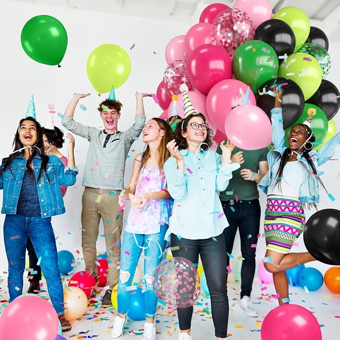 Pink Green and Black Balloons, 12 Inch Hot Light Pink Dark Green Black - Image 6
