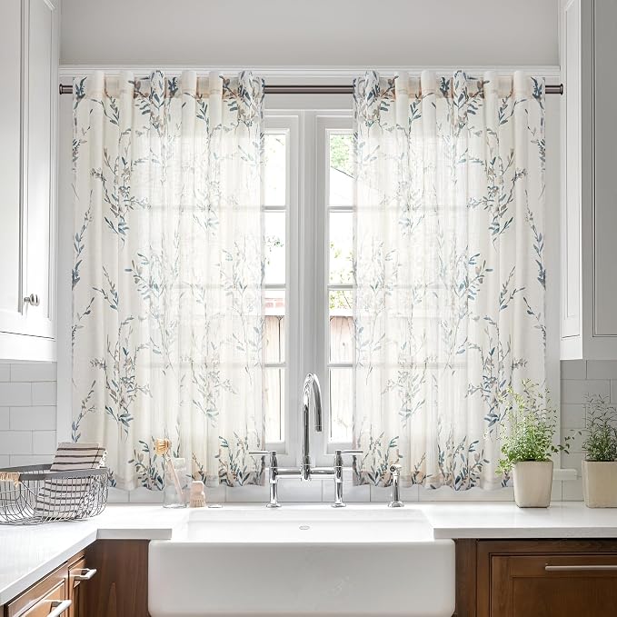 MYSKY HOME Linen Sheer Window Floral Curtains Panels Light Filtering Privacy by MYSKYHOME