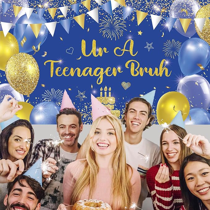 Blue Gold Ur A Teenager Bruh Banner Backdrop Photography Background Hanging - Image 3