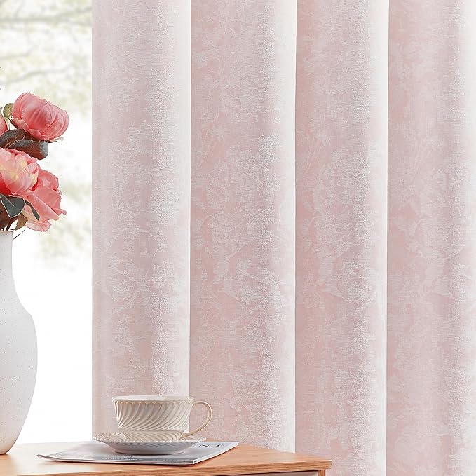 Beauoop Pink Floral Jacquard Blackout Curtains by Beauoop