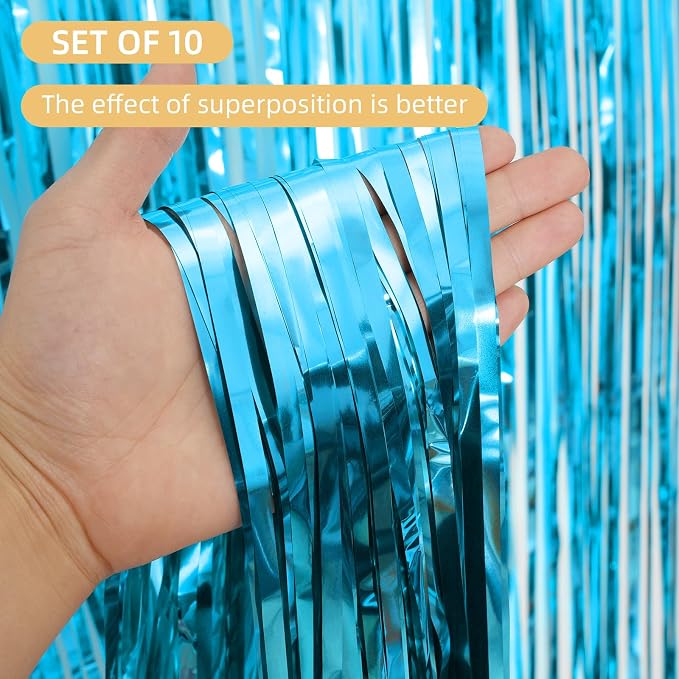 10 Pack Teal Blue Backdrop Curtain 3.2ft x 8.2ft Metallic Tinsel Foil Fringe - Image 2