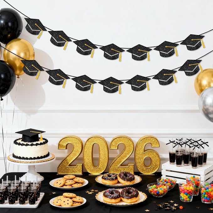 jijAcraft Black Gold Graduation Cap Banner, Glitter Grad Garland, 2 Pack 9.8ft - Image 7