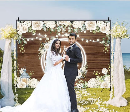 Mr and Mrs Wedding Backdrop Decorations 8x6Ft | White Rose Floral Wooden - Image 3