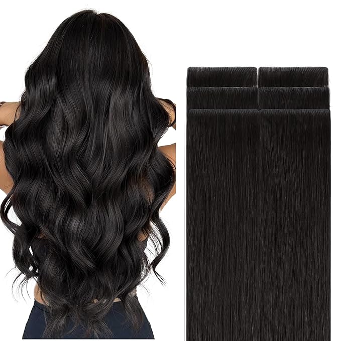 GOO GOO Invisi Edge Tape in Hair Extensions Human Hair, 1B Natural black, 6pcs 18inch 15g, Virgin Remy Hair, Seamless Injected Tape, Natural Look