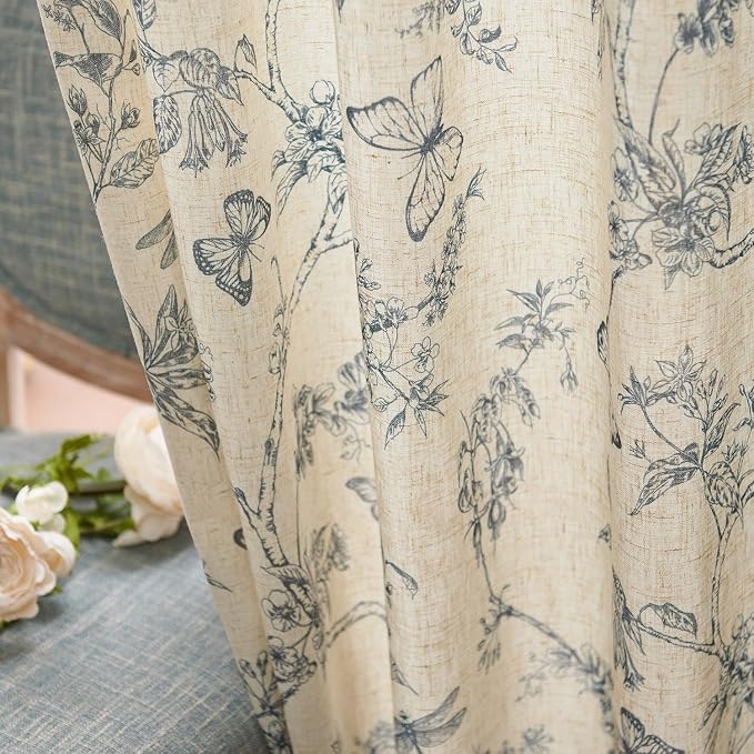 Blue Floral Linen Curtains Farmhouse Rod Pocket 50W X 96L 2 Panels | Charlotte - Image 7