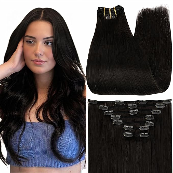 Full Shine Black Clip in Hair Extensions for Short Hair 10 Inch Clip in Extensions Real Human Hair Black Hair Extensions Clip ins Straight Invisible 7 Pcs 95 G