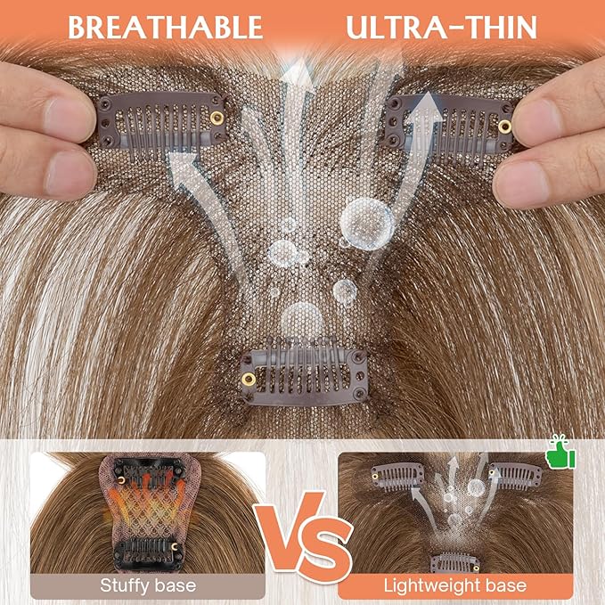 Benehair Clip in Bangs 100% Real Human Hair Extensions 360° Cover Clip on 3D Wispy Bangs for Women Topper Hairpieces for Women Medium Brown Highlights Dark Blonde