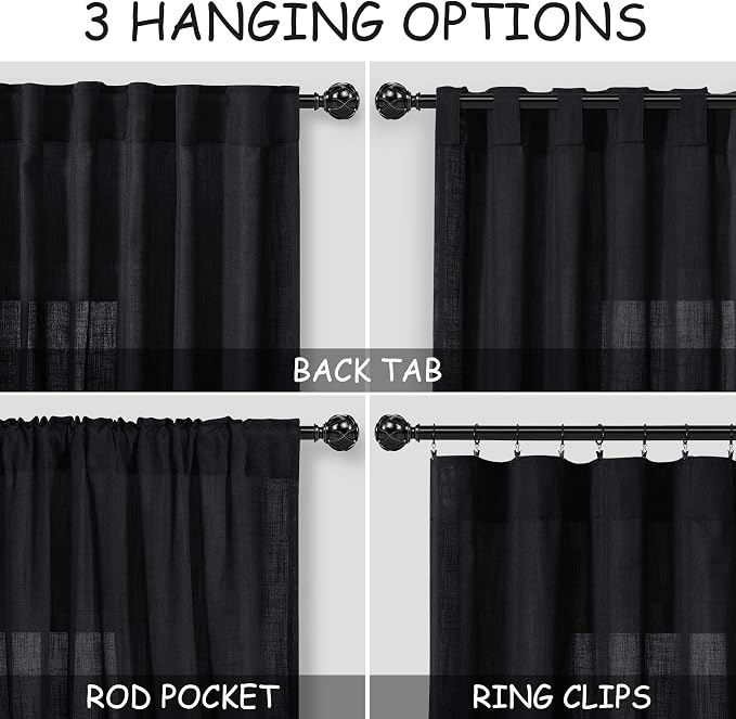 Linen Curtains 84 inches Long for Living Room Privacy Sheer Black Simple Modern - Image 2