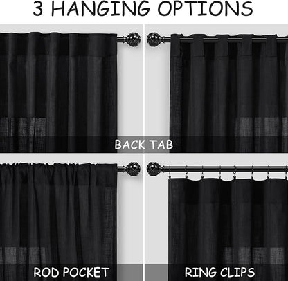 Linen Curtains 84 inches Long for Living Room Privacy Sheer Black Simple Modern - Image 2
