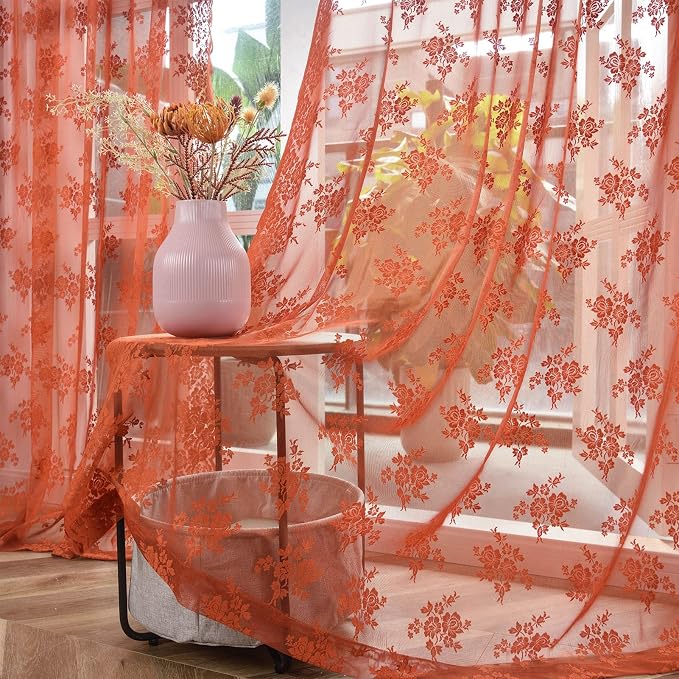 Kotile Burnt Orange Lace Floral Curtains - Image 4
