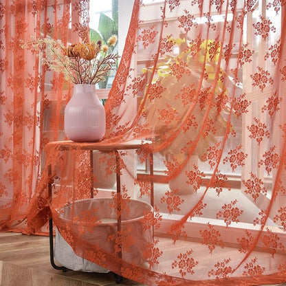 Kotile Burnt Orange Floral Lace Curtains - Image 7