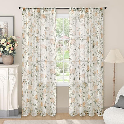 Floral Sheer Curtains for Bedroom Window 72 Inch Length 2 Panels, Farmhouse by Lajode