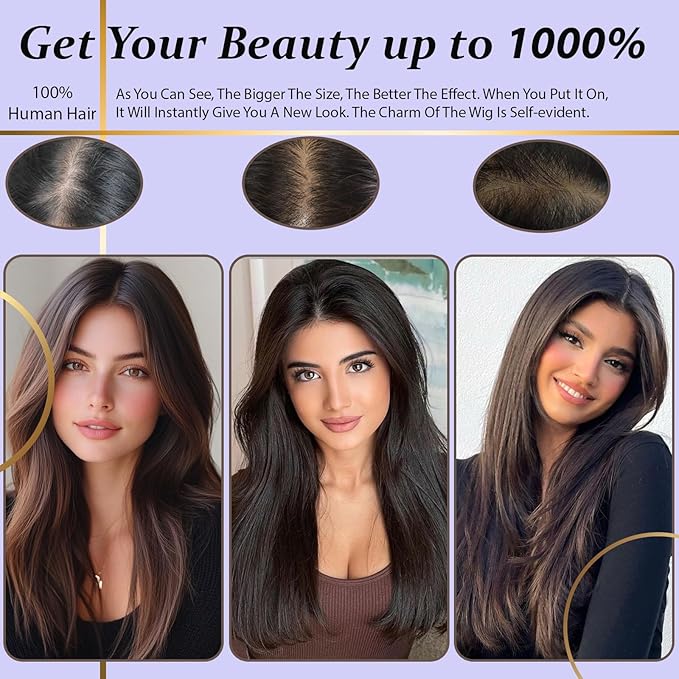 Hair Toppers for Women Real Human Hair, 360°3D Topper for Women with Thinning Crown Wispy Clip in Bangs Breathable Hand Tied Craft Big Coverage Hairpieces(Mocha（Big Coverage）, 14 Inch-3D-Wispy)