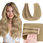 GOO GOO Tape in Hair Extensions Human Hair, #(T12A/18H) P18H Ash Beige Blonde Blend, 22inch 50g 20pcs, Skin Weft Seamless Invisible, Silky Straight with Thick Ends, Remy Human Hair