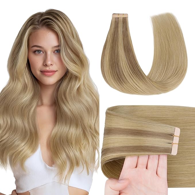 GOO GOO Tape in Hair Extensions Human Hair, #(T12A/18H) P18H Ash Beige Blonde Blend, 22inch 50g 20pcs, Skin Weft Seamless Invisible, Silky Straight with Thick Ends, Remy Human Hair
