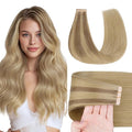 GOO GOO Tape in Hair Extensions Human Hair, #(T12A/18H) P18H Ash Beige Blonde Blend, 24inch 50g 20pcs, Skin Weft Seamless Invisible, Silky Straight with Thick Ends, Remy Human Hair