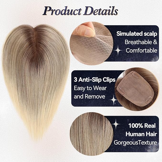 starluck Human Hair Toppers for Women Real Human Hair No Bangs 4 * 5.5 inch Base 12 inch SilkHug Hair Topper for Women Cover Grey Roots(Gray Brown with Platinum)