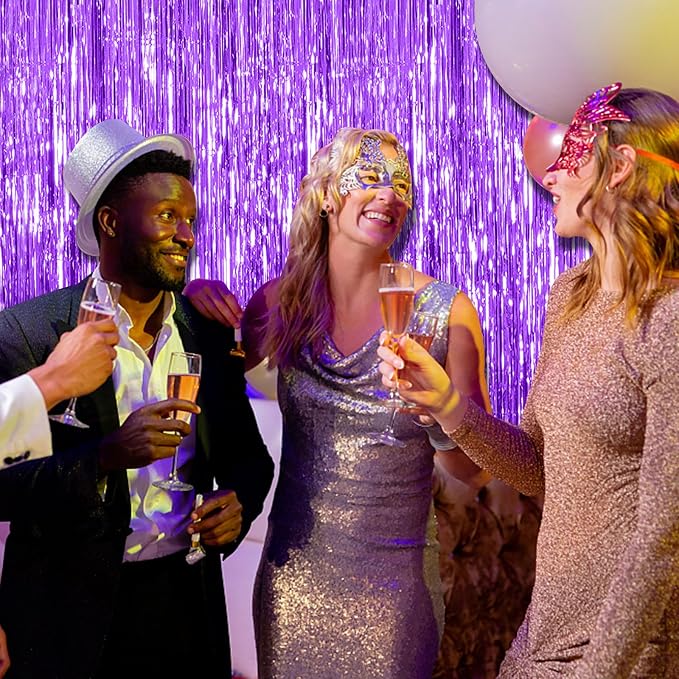 5 Pack Foil Curtain Backdrop Purple Metallic Tinsel Foil Fringe Curtains Photo - Image 3