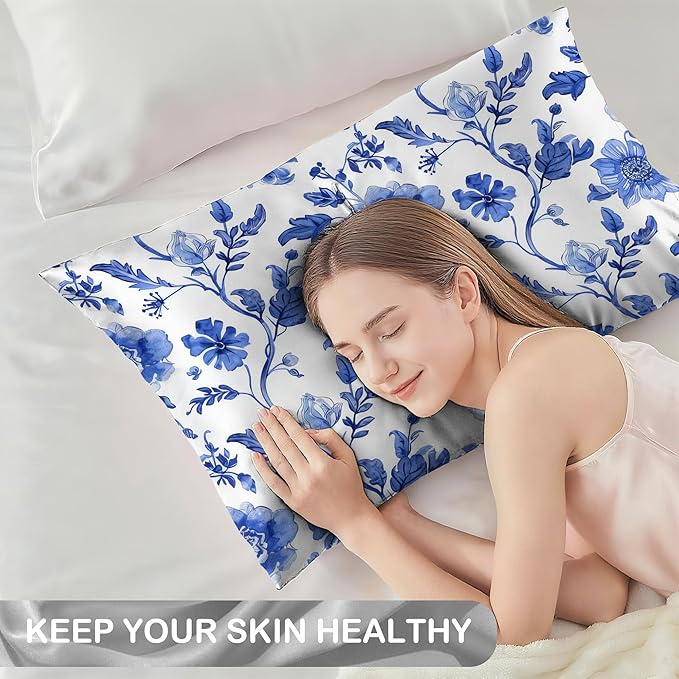 Satin Pillowcase 1 Pack-Vintage Blue Floral Silky Pillow Cover for Hair and Skin,King Size 20x36 Inch Soft Cooling Printed Pillow Cases with Hidden Zipper,Gifts for Women Men