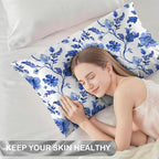 Vintage Blue Floral Satin Pillow Case Queen Size,Soft Pillowcases for Hair and Skin Similar to Silk,Pillowcases with Hidden Zipper Bedding Accessories,20X30 Inches,1 Pack