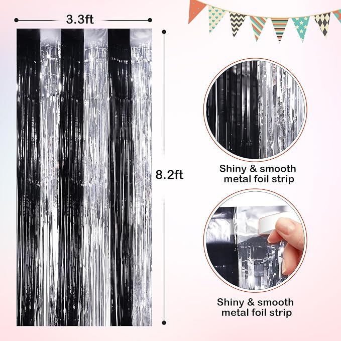 Black Silver Metallic Tinsel Foil Fringe Curtains, 4 Pack 3.3x8.3 Feet Party - Image 2