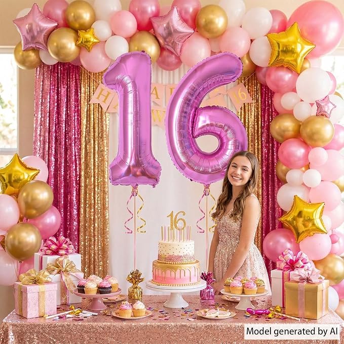 Pink Number 16 Balloon 40 Inch, Shimmering Foil Sweet 16 Party Supplies | - Image 6