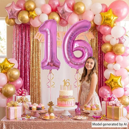 Pink Number 16 Balloon 40 Inch, Shimmering Foil Sweet 16 Party Supplies | - Image 6