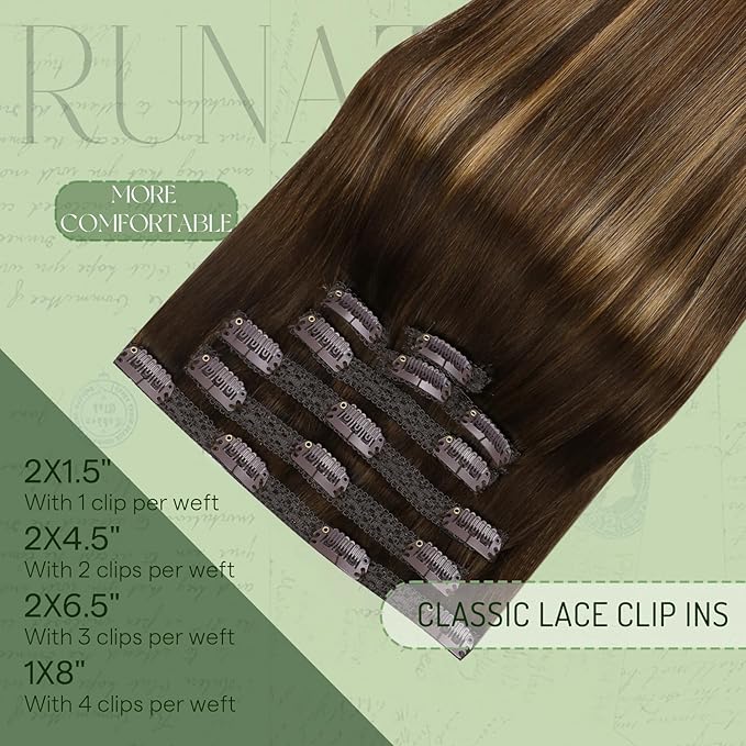RUNATURE Real Human Hair Clip in Extensions, Balayage Clip in Hair Extensions Human Hair, Soft Straight Natural Hair for Women, Natural Looking 16 Inch 120g 7pcs #4/27/4