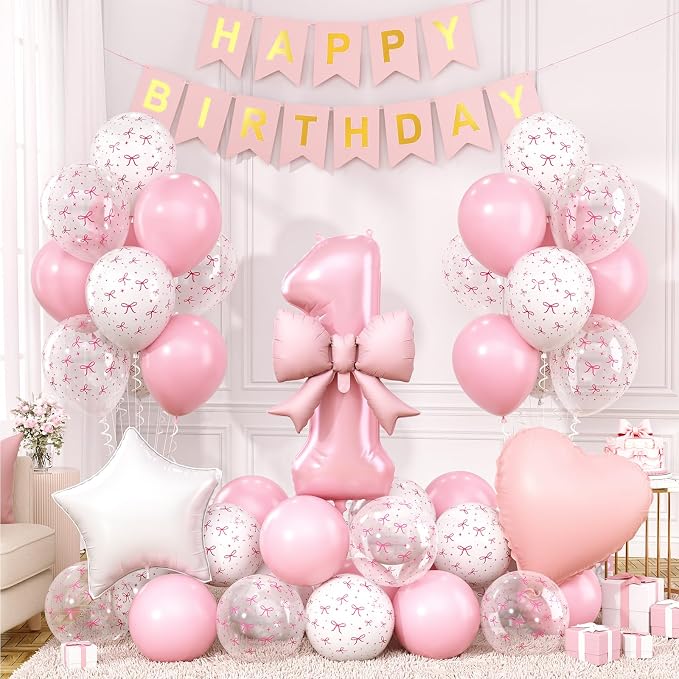 1st Pink Bow Birthday Decorations by Xinvery