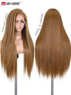 WIGNEE 13x6 Synthetic Lace Front Wig 28" Mixed Brown Wig Pre-Plucked Handmade Lace Front Wigs with Kanekalon Futura Hair Voluminous Long Straight Synthetic Wigs for Daily Party Use