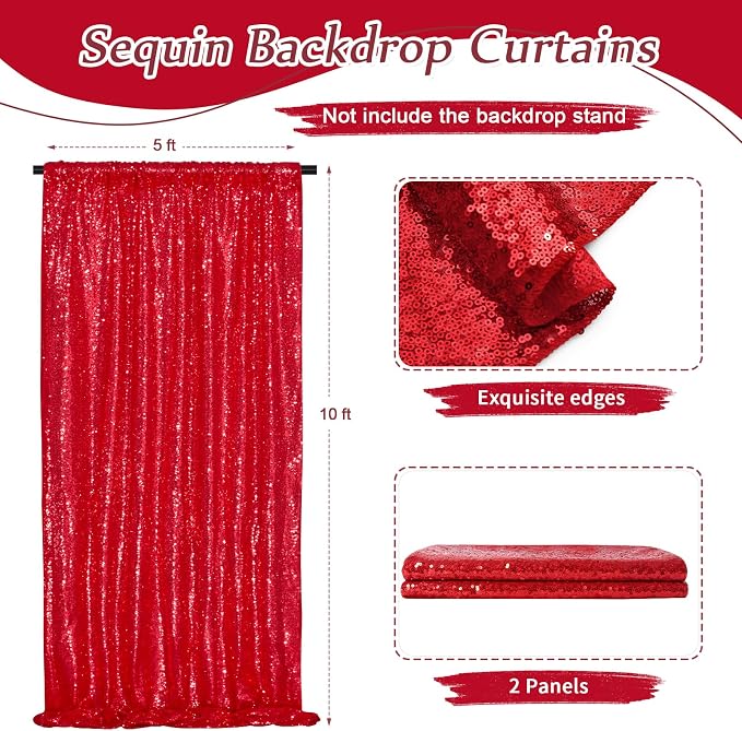 Party Backdrop Curtains 2 Pcs 5FTx10FT Red Sequin Backdrop Sparkly Glitter - Image 2