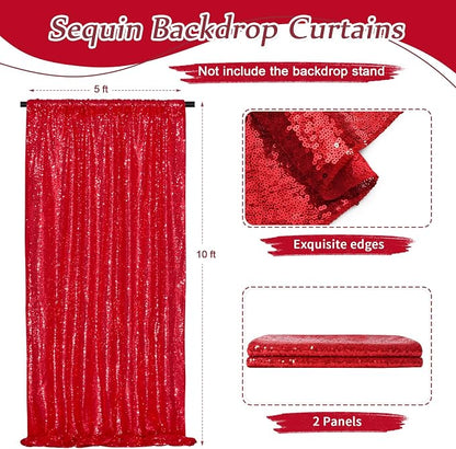 Party Backdrop Curtains 2 Pcs 5FTx10FT Red Sequin Backdrop Sparkly Glitter - Image 2