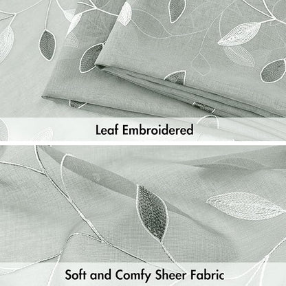 MIULEE Sage Sheer Curtains 2 Panels Embroidered Leaf Patterned, W52 x L84 | - Image 4