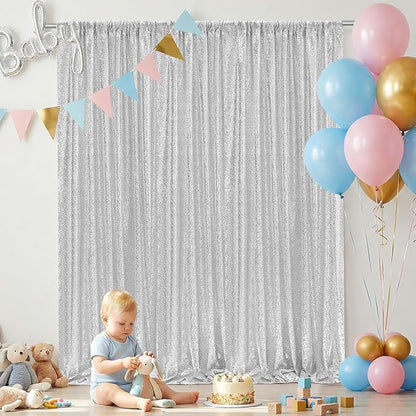Silver Sequin Backdrop Curtains-2 Panels 2FTx8FT Silver Backdrop - Image 7