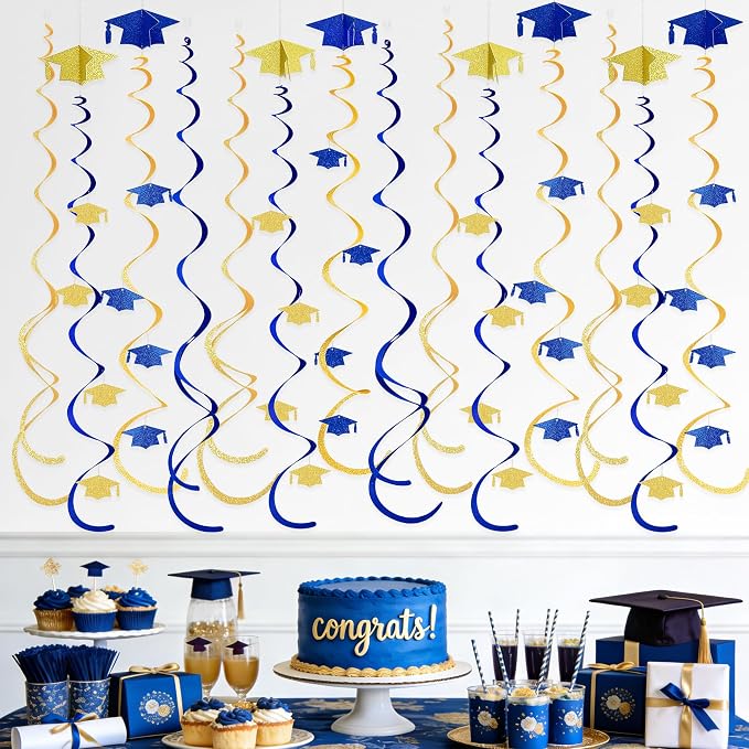 24Pcs Royal Blue Gold Graduation Grad Cap Hanging Felt Swirl Streamer Spiral - Image 4