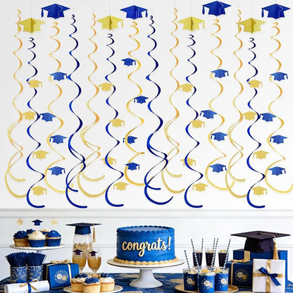 24Pcs Royal Blue Gold Graduation Grad Cap Hanging Felt Swirl Streamer Spiral - Image 4