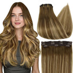 Full Shine Seamless Hair Extensions Clip in 20 Inch Ombre Brown and Medium Brown Highlight Blonde Hair Extension Clip ins Long Silky Straight Hair 60 Grams 3 PCS