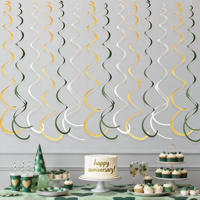 36Pcs Sage Green Gold Hanging Swirl Decorations Glitter Gold Olive Green Beige - Image 5