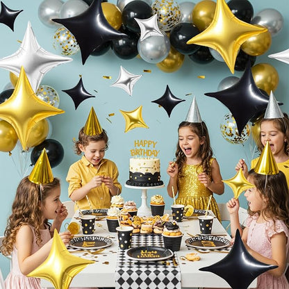 TONIFUL 30Pcs Four Pointed Star Balloon Black Gold Silver Foil Balloon | - Image 3