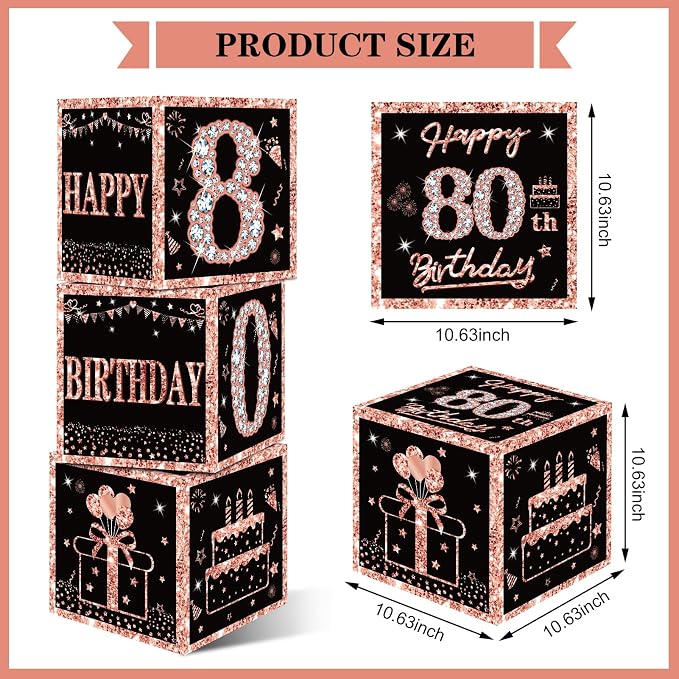 Eiurteao 3pcs Rose Gold 80th Birthday Decorations Boxes - Image 2