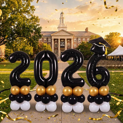 4 Sets 5 ft Graduation 2026 Balloons Column Stand Kit Jumbo Black 2026 Grad Cap by Foilswirl